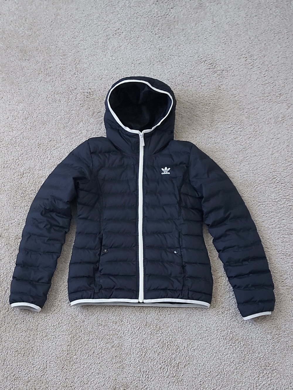 adidas Black Hooded Quilted Puffer Jacket with White Trim